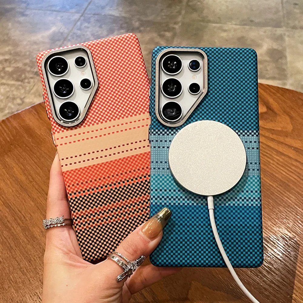 Funda de teléfono Magsafe con patrón de Kevlar de lujo a cuadros para Samsung S25, funda trasera de carga Ultra inalámbrica para Galaxy S24 Plus - imagen 3