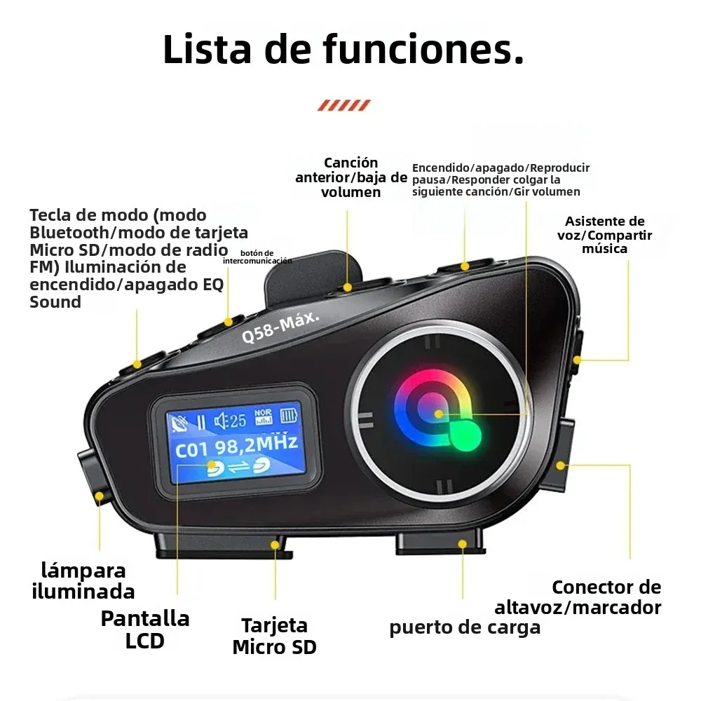 Intercomunicador para casco de motocicleta, Bluetooth 5,3, pantalla LCD, auriculares para 2 conductores con compartir música y linterna, interfono de 500M - imagen 5