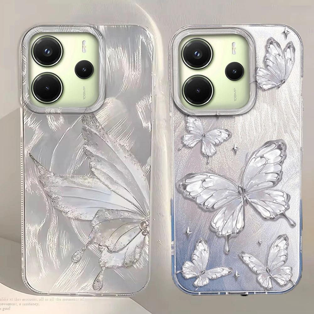Funda de teléfono con textura de mariposa plateada láser de lujo para Xiaomi Redmi 13C A5 13T 14T Note 13 14 Pro Poco C75 C65 funda trasera de silicona - imagen 2