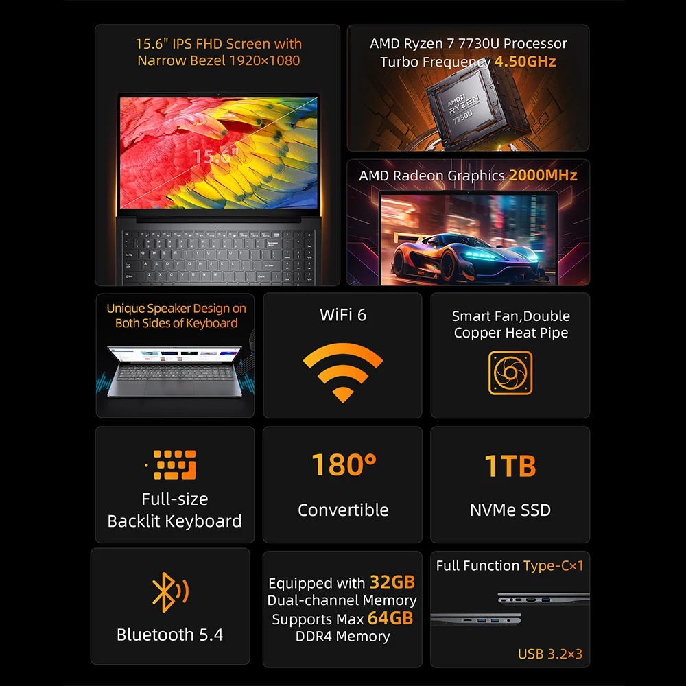 BMAX X17 Pro 15.6 inch 32GB RAM 1tB SSD AMD Ryzen 7 7730U CPU Windows 11 Notebook 1920*1080 Bluetooth Wifi Type-C PC laptop DDR4 - imagen 2