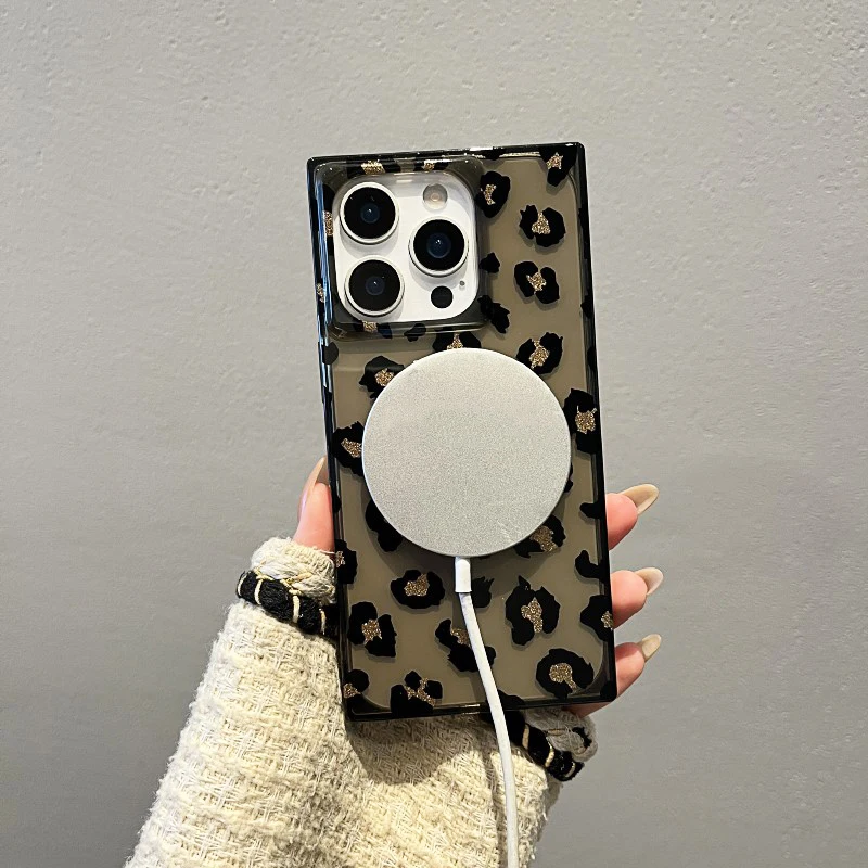 Elegante rectángulo borde leopardo magnético carga inalámbrica teléfono caso para iPhone 17 16 15 14 13 12 Pro Max duro TPU contraportada - imagen 2
