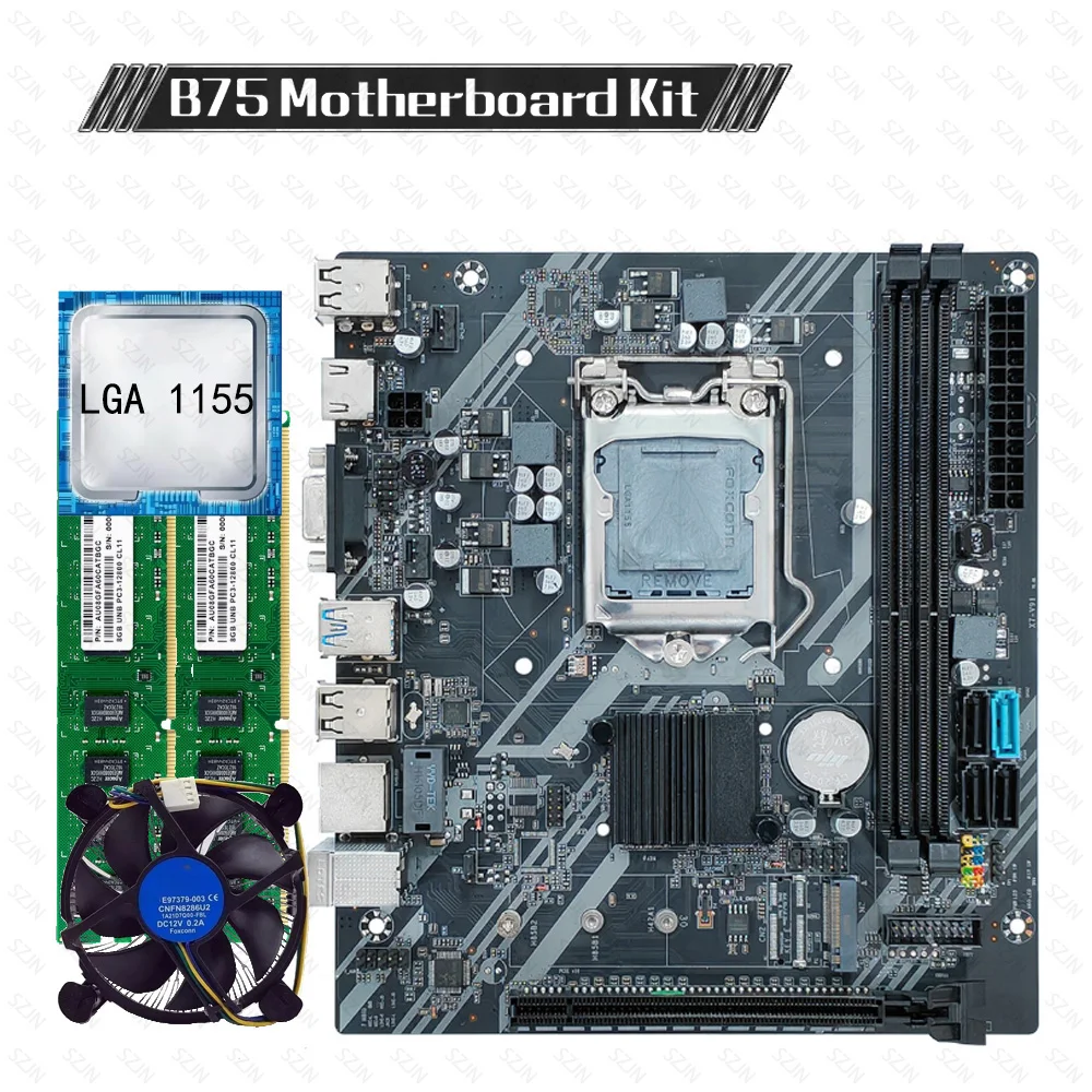 LGA1155 Set B75 Kit de placa base con CPU y enfriador DDR3 Max 16G Memoria Compatible con M2 NVME Kit de oficina de bajo consumo de energía