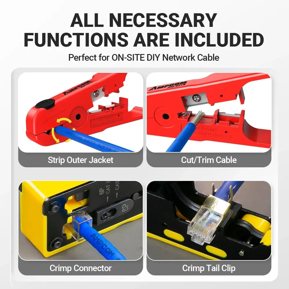 AMPCOM engarzador tipo EZ RJ45 con juego de herramientas de tira de alambre, Cable Modular para engarzar/cortar red CAT8/7/6A/6/5E STP/UTP RJ11 y TEL/12 - imagen 4