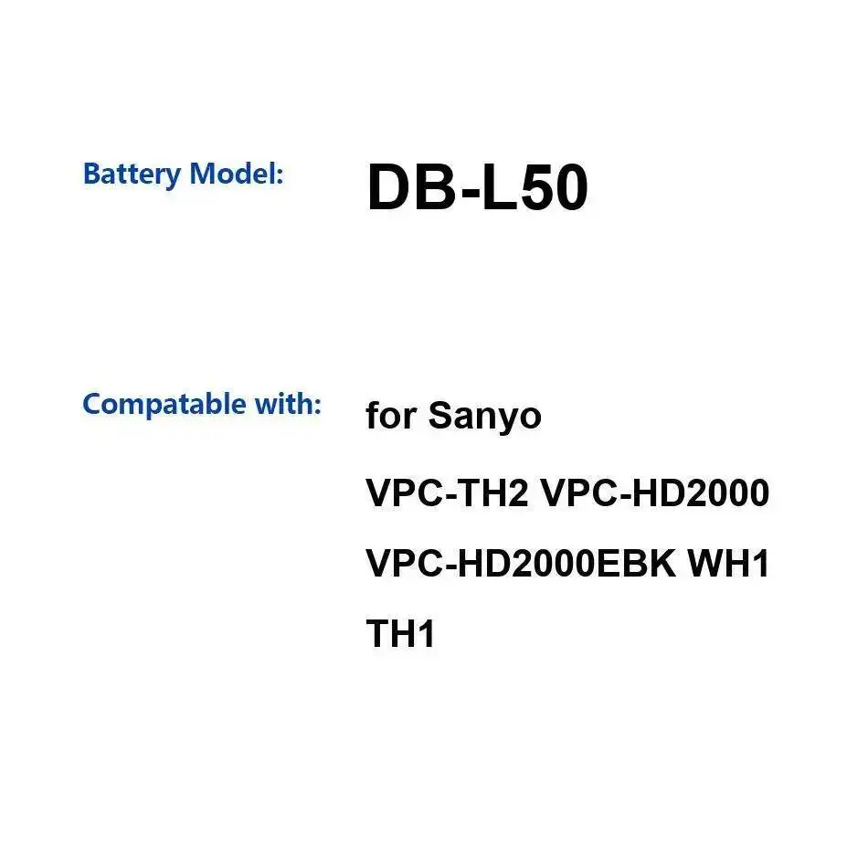 DB-L50 de alto rendimiento de 2000Mah para Sanyo Vpc-TH2 Vpc-HD2000 Vpc-HD2000EBK WH1 TH1 capacidad de la batería de la cámara