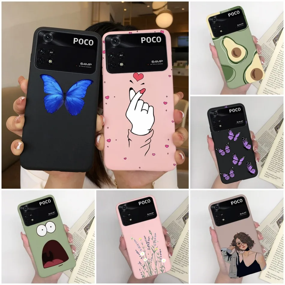 Funda trasera de silicona suave para teléfono móvil, carcasa protectora mate para Poco M4 Pro 4G 5G, corazón bonito, mariposa, flor