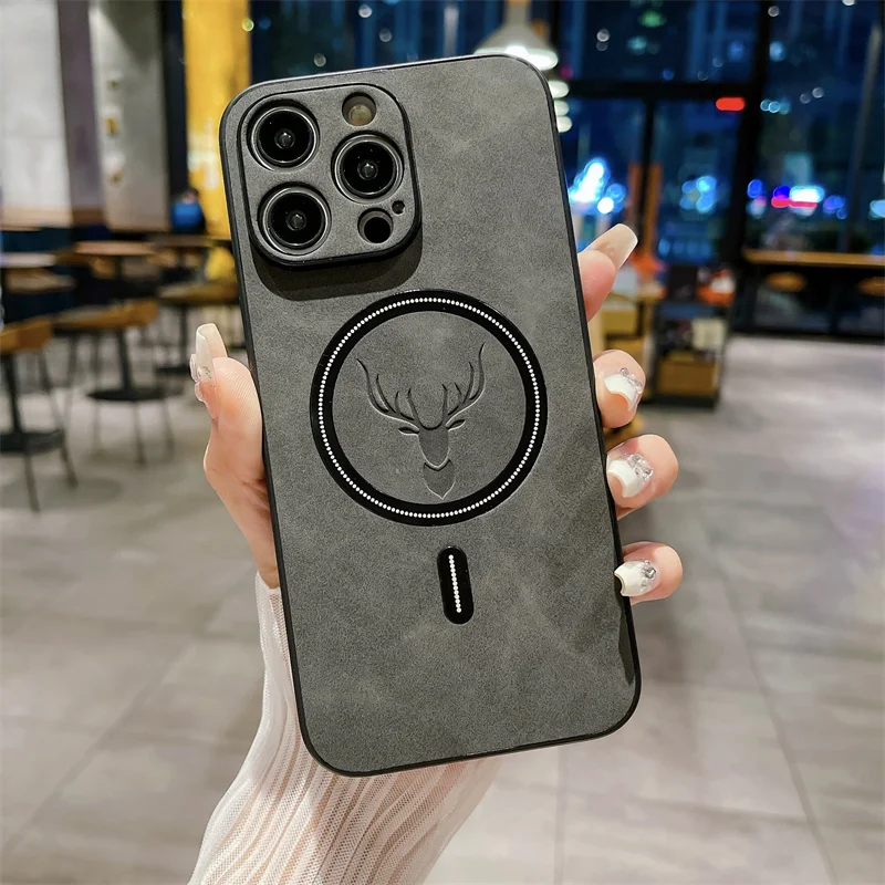 Funda de teléfono magnética de piel de cordero con cabeza de ciervo para iPhone 16 16E 15 14 Plus 13 12 11 Pro Max a prueba de golpes para funda trasera Magsafe - imagen 2