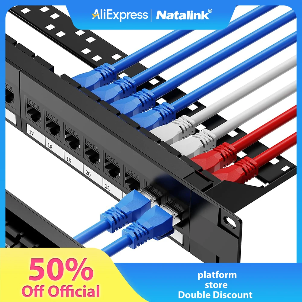 Panel de conexión Natalink 24 puertos Cat6 Cat6a Cat7 con Keystone en línea 10G, panel de conexión acoplador RJ45 de 19 pulgadas con barra trasera extraíble