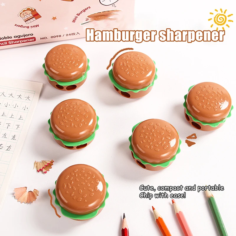 Sacapuntas con forma de hamburguesa de dibujos animados creativos, herramientas de corte de lápiz con agujeros dobles, suministros escolares, regalos de papelería para estudiantes
