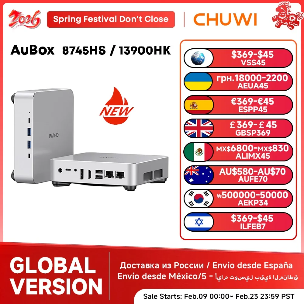 CHUWI AuBox Mini PC R7-8745HS / i9-13900HK 16GB/32GB DDR4 512GB/1TB SSD Windows 11 Pro WiFi 6 BT 5,2 extender M.2 1T * 2 escritorio