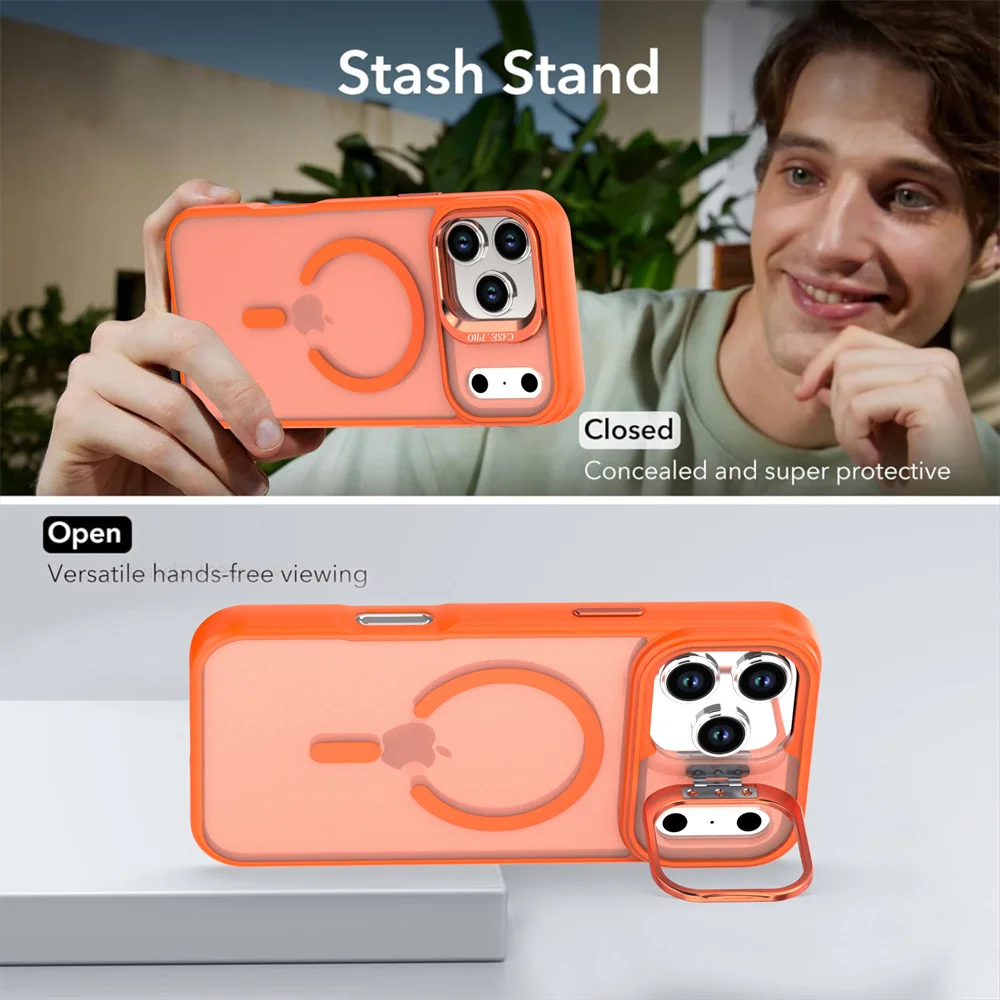 Funda magnética para teléfono con soporte de lente plegable Magsafe para iPhone 17 16 15 14 13 12 Pro Max Air Plus 11, funda protectora esmerilada mate - imagen 3