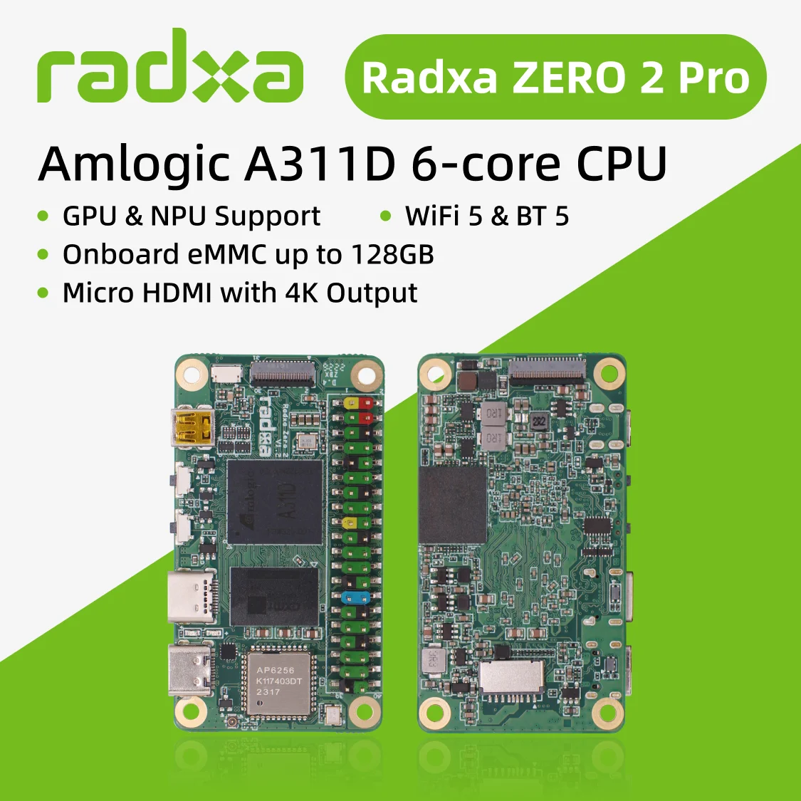 Radxa ZERO 2 Pro SBC Amlogic A311D 6 núcleos con NPU GPU WiFi 5 BT 5 ordenador de placa única eMMC integrado