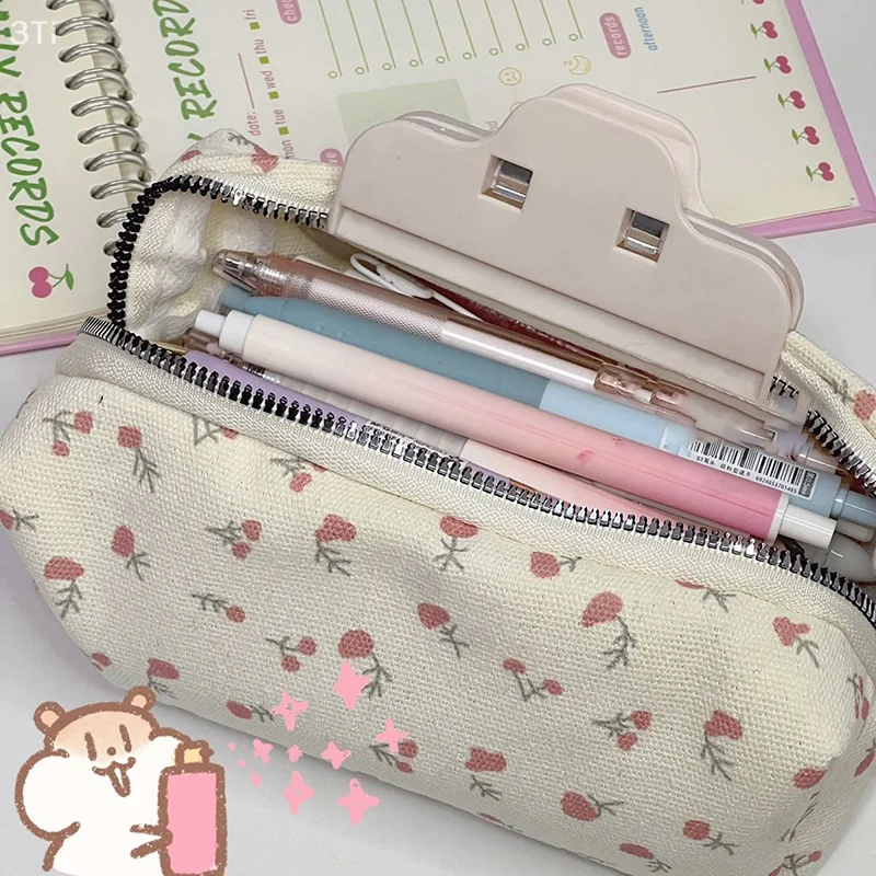 Bolsa para bolígrafos con estampado Floral de dibujos animados, bolsa de papelería para estudiantes, estuche para lápices de gran capacidad, organizador de papelería multifuncional - imagen 3