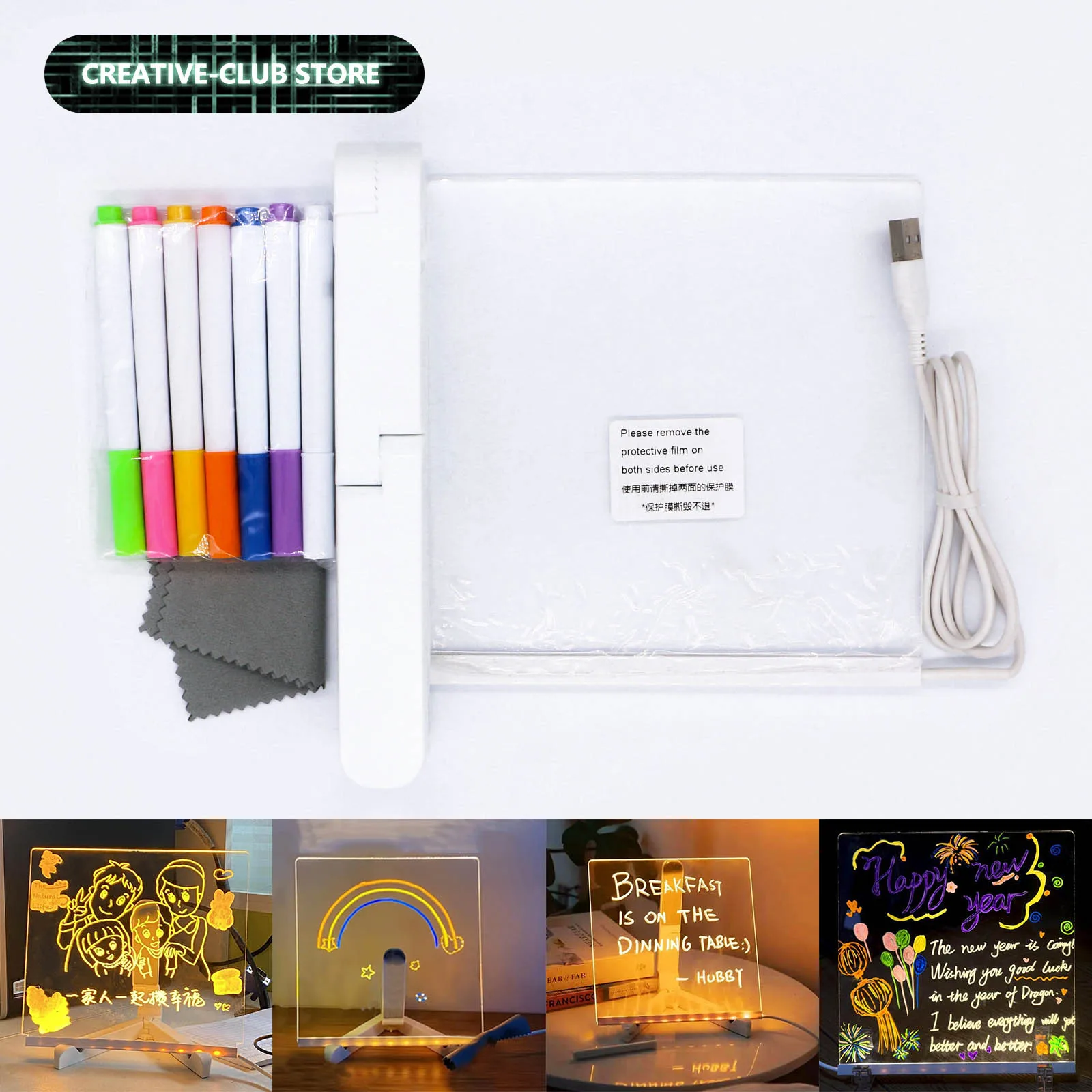 Tablero de mensajes acrílico con luz LED, tablero de dibujo borrable USB de 15x15cm para niños, bricolaje para regalos de cumpleaños, tableros publicitarios para Bar - imagen 2