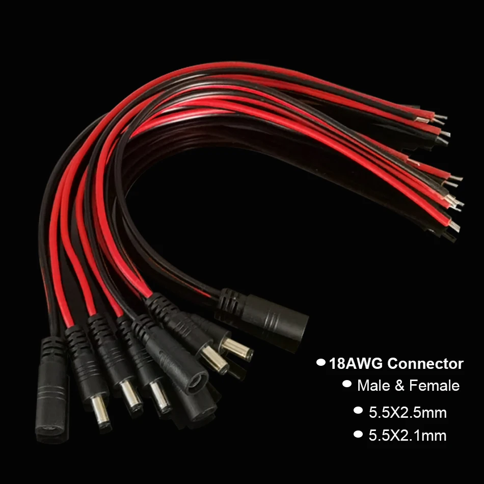 Cable de alimentación macho hembra 18 AWG 5A conector CC 30cm 2 pines 5-24V Cable adaptador de corriente 5,5x2,1mm 2,5mm enchufe para tira de LED de cámara de TV