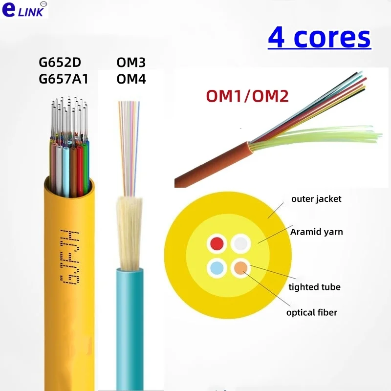 Cable de fibra óptica paquete de 4 núcleos GJFJV-4 interior G652D G657A1 OM1 OM2 OM3 OM4 50/125 62.5/125um SM MM 4 cables de fibras ELINK 100Mtr - imagen 2