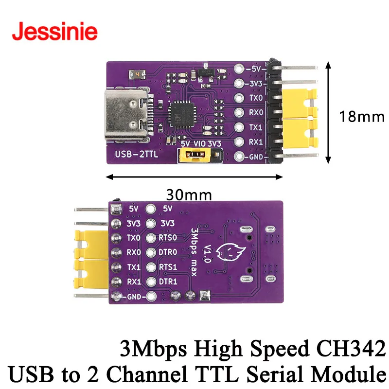 Módulo de puerto serie TTL USB a 2 canales, tipo C, 3Mbps, Chip CH342 de alta velocidad, placa de conversión de comunicación PCB, 2 uds./1 ud.