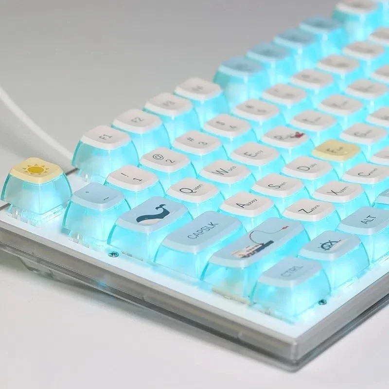 Tapa de tecla de playa de verano azul claro, perfil ASA PBT + PC, teclas de pudín translúcidas de cuatro lados, bonitas tapas de teclado de ballena y estrella de mar - imagen 3