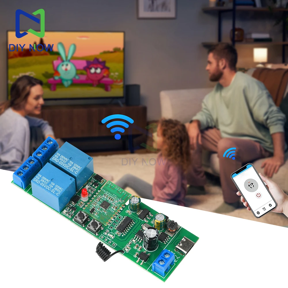 Módulo de interruptor de relé WIFI Bluetooth de 2 vías versión RF módulo autoblocante de avance lento 433MHZ Control remoto RF AC/DC 7-32V/tipo C 5V