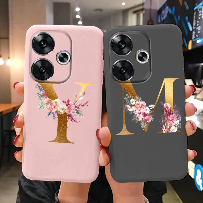 Funda con letras doradas para Poco F6, cubierta trasera suave de silicona negra para PocoF6, Protector para Xiaomi F 6, Funda a prueba de golpes, carcasa con flores rosas