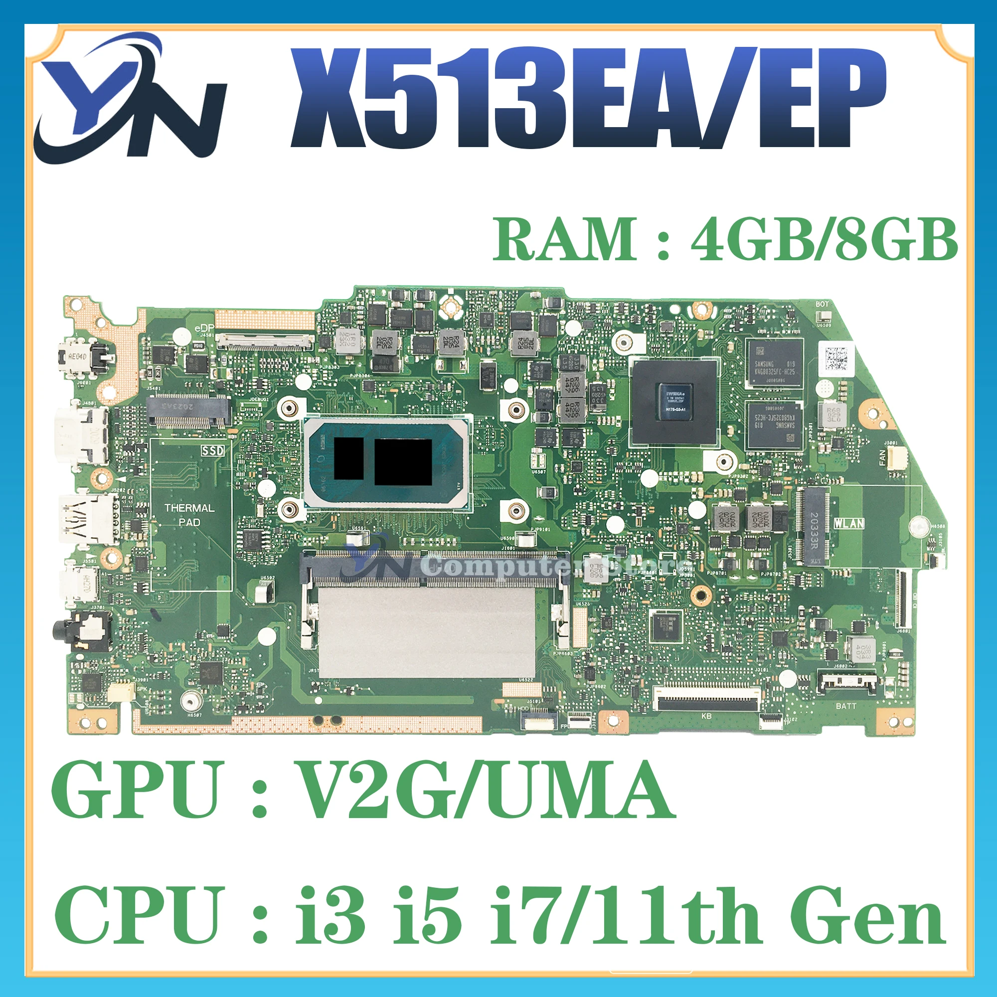 Placa base X513E para ASUS X513EA X513EP R513E K513E F513E A513E X513EQ placa base para ordenador portátil UMA/V2G i3 i5 i7 11th Gen RAM-4GB/8GB