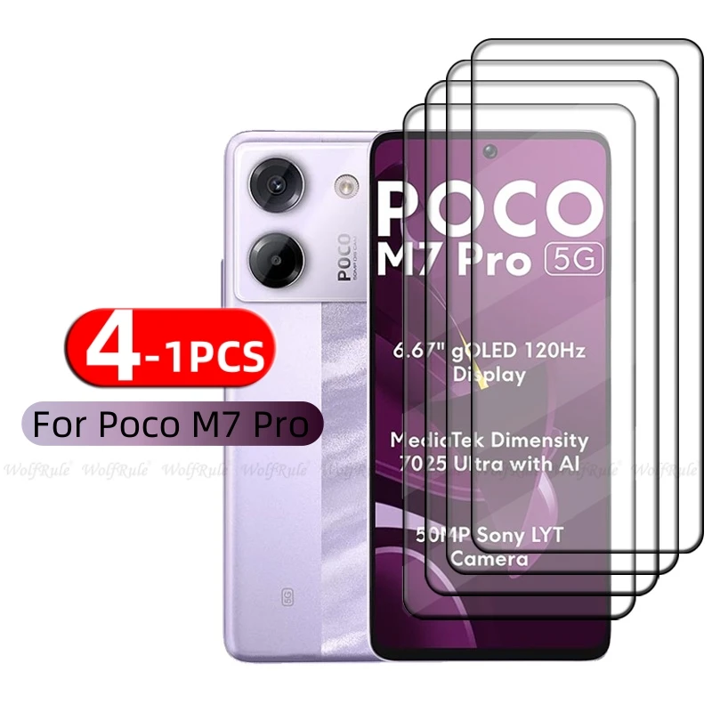 4 Uds para Poco M7 Pro 5G vidrio Poco M7 Pro 5G Protector de vidrio templado cubierta completa pegamento 9H Protector de pantalla Xiaomi Poco M7 Pro 5G