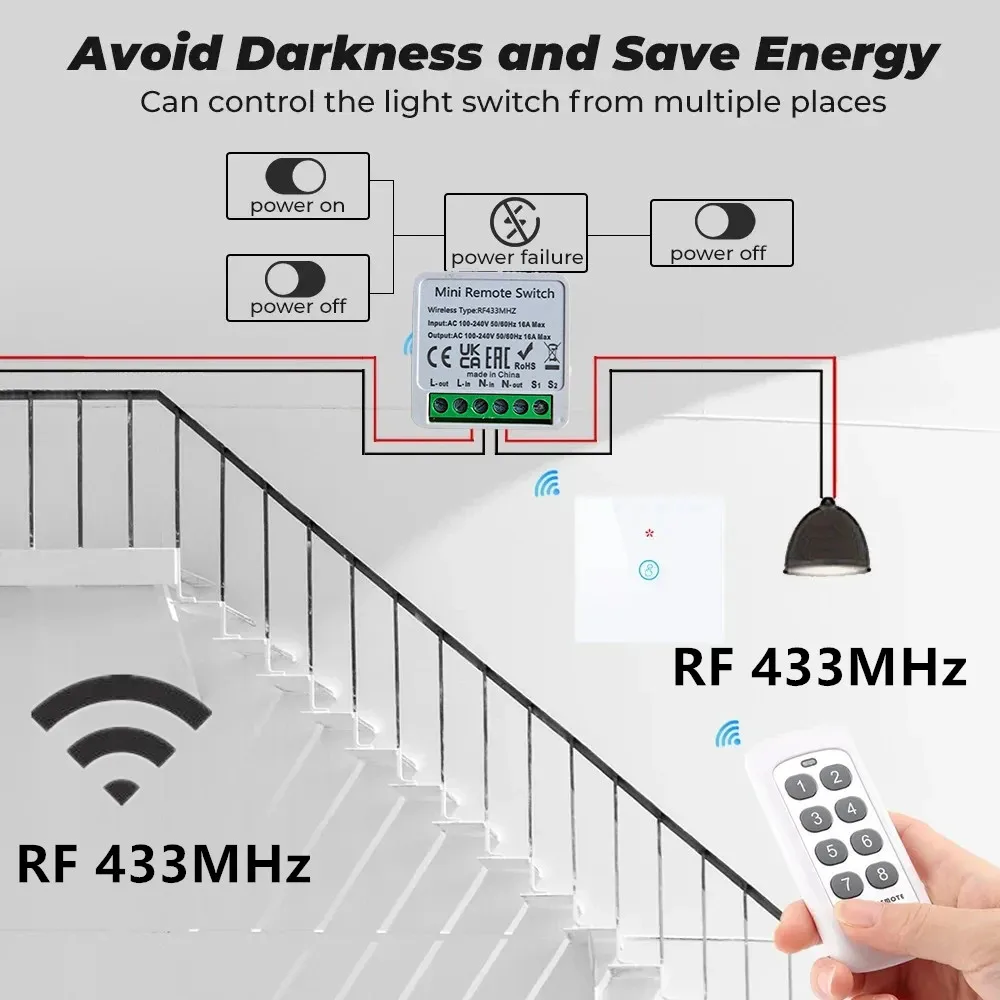 Interruptor inteligente RF de 433 MHz, Mini interruptores de luz con Control remoto inalámbrico DIY, módulo de automatización del receptor de relé 16A para lámpara Led para el hogar - imagen 3