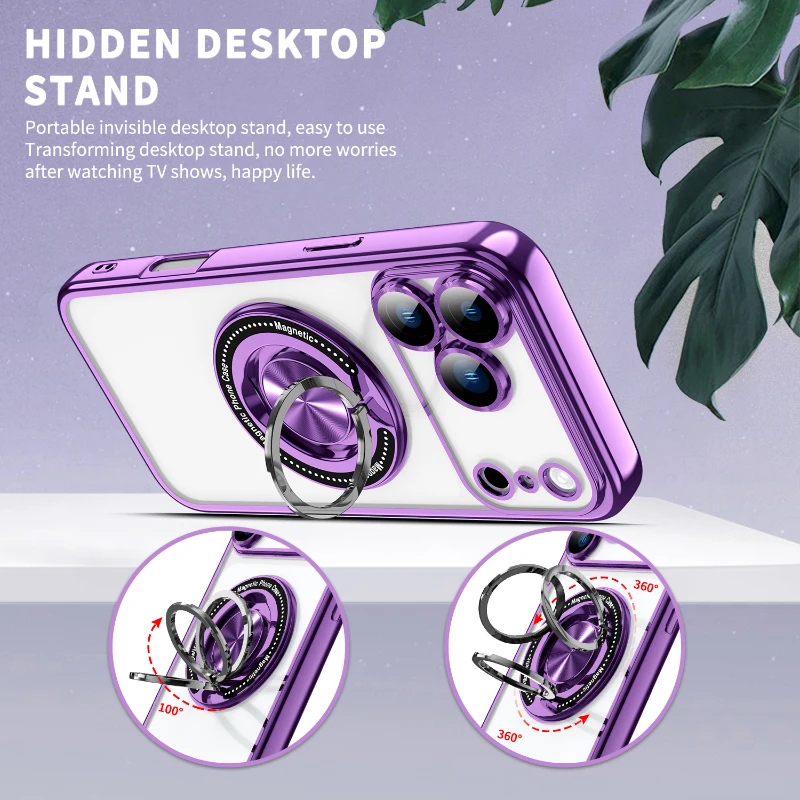 Para Magsafe Magnético 360 ° Funda de teléfono con borde chapado en anillo y soporte de Metal giratorio para iPhone 17 Pro Max Air 15 11 12 13 14 16 Pro Max E - imagen 2