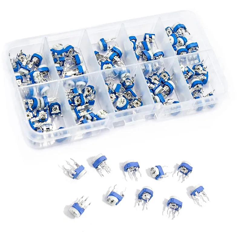 100 Uds Kit de resistencia ajustable azul blanco RM065 10 valores 500ohm-1M Ohm 6mm recortador resistencias variables - imagen 2