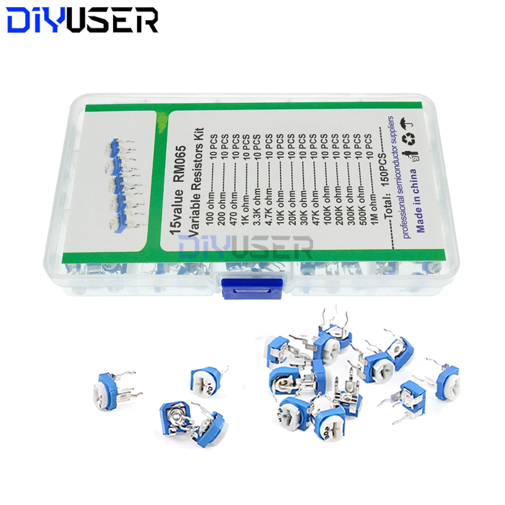 Kit de potenciómetro de recorte RM065, 150 Uds., surtido de resistencias variables de 15 valores con caja para reparación electrónica DIY - imagen 2