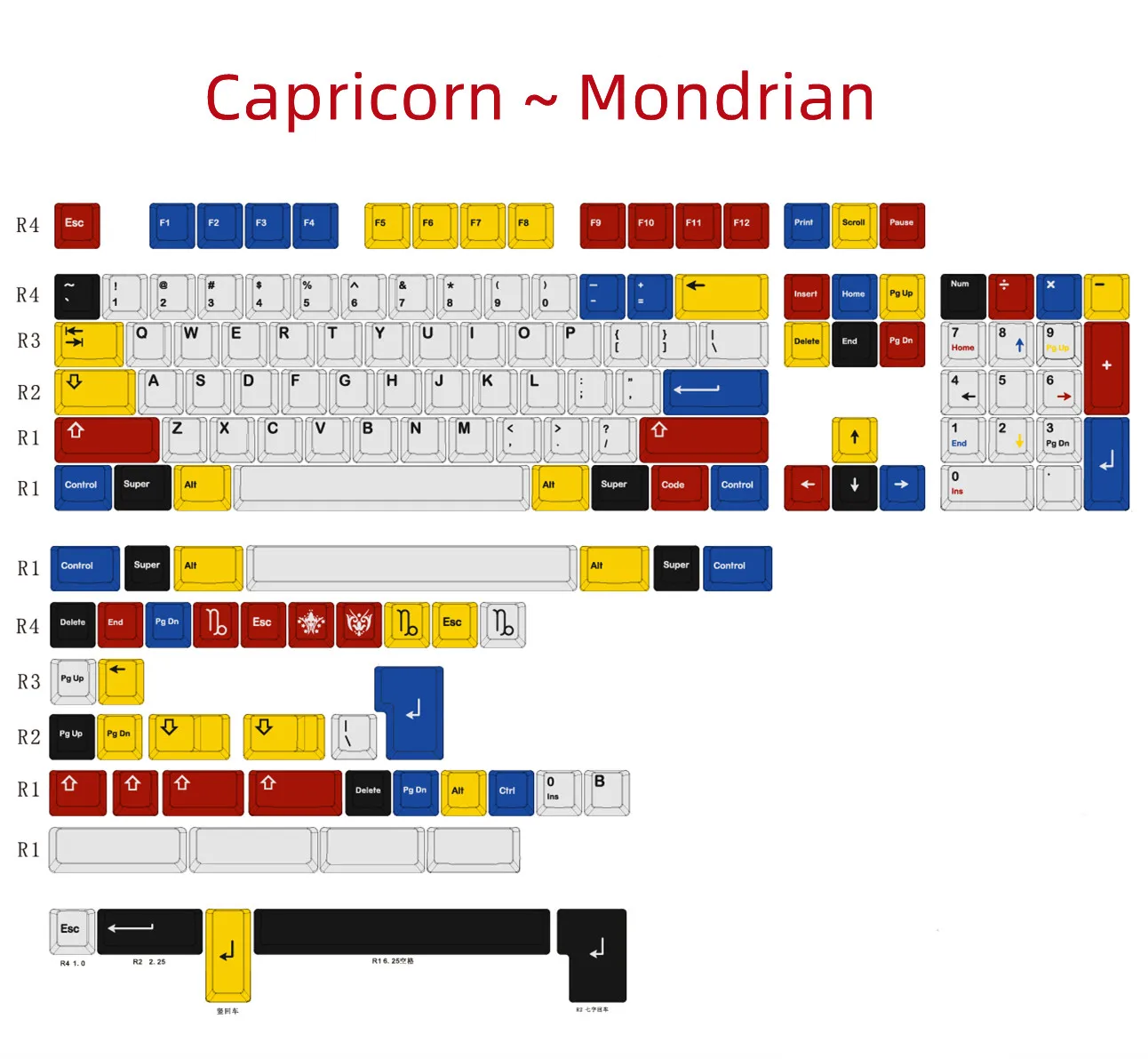 1 Set Capricorn Keycap Mondrian 143 Keys PBT DYE Subbed Cherry Profile 1.5mm For Gateron Outemu Switches Mechanical Keyboard