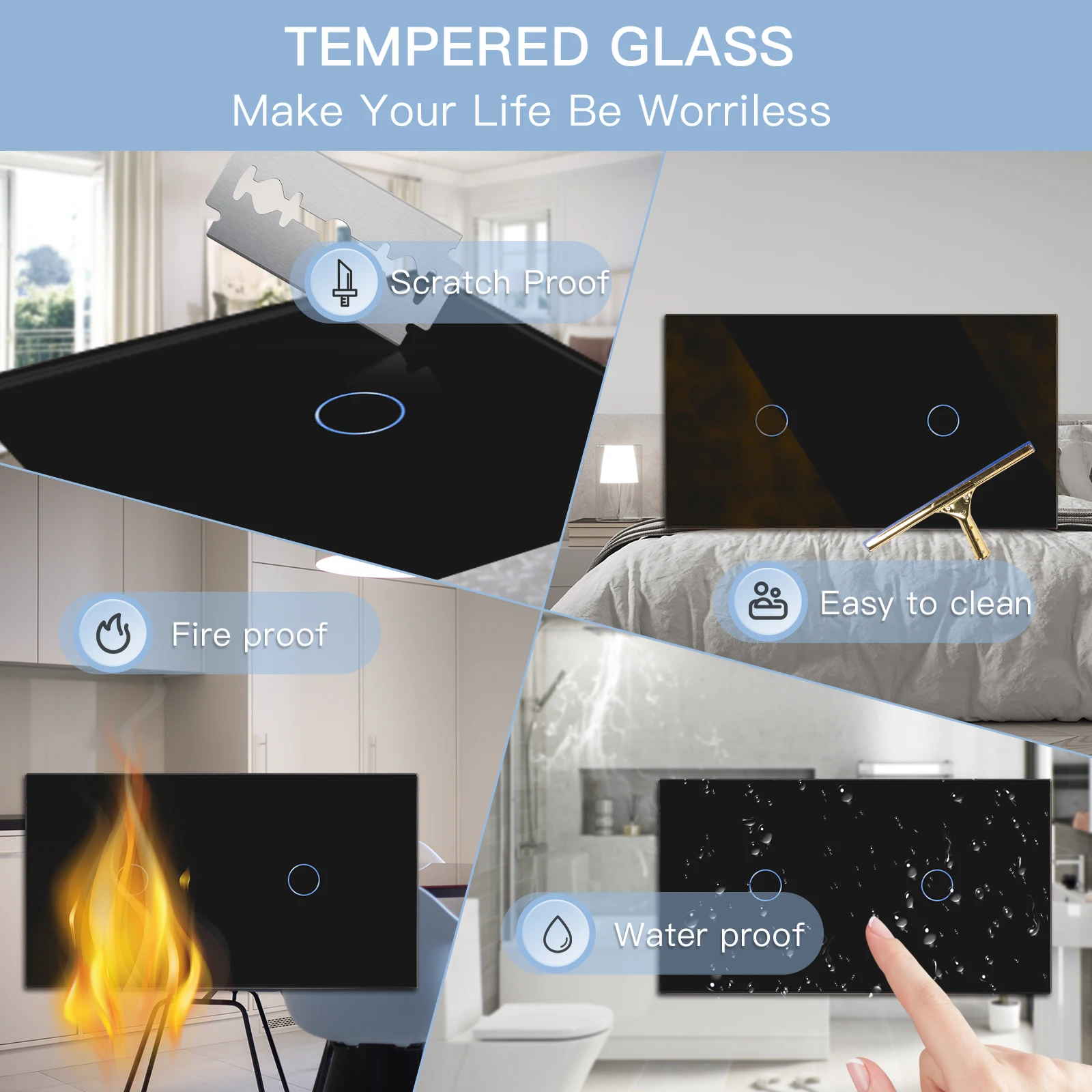 BSEED-interruptores de luz doble con Sensor táctil, interruptor de pared de cristal, 2 entradas y 1 vía, luz negra oscura, blanco, negro, dorado, 300W/Gang - imagen 5