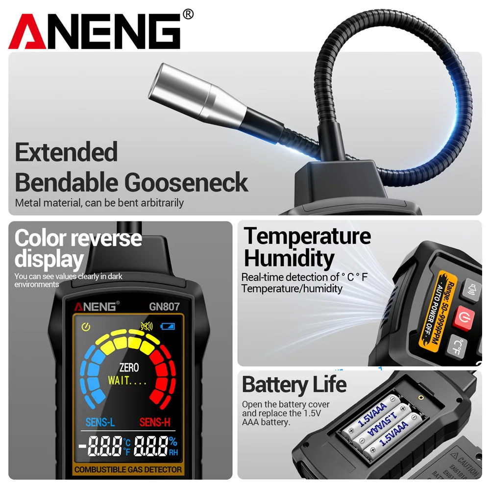 ANENG GN807 Detector de gases combustibles de detección Varios gases inflamables Alarma de luz y sonido 50 ~ 10000PPM Detección de metano - imagen 5