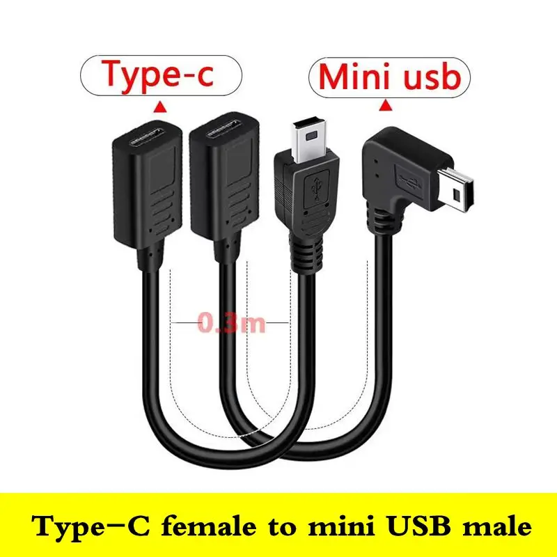 Convertidor Mini USB macho a hembra tipo C de 0,25 m, grabadora de conducción de coche con puerto T, adaptador electrónico tipo C para perros