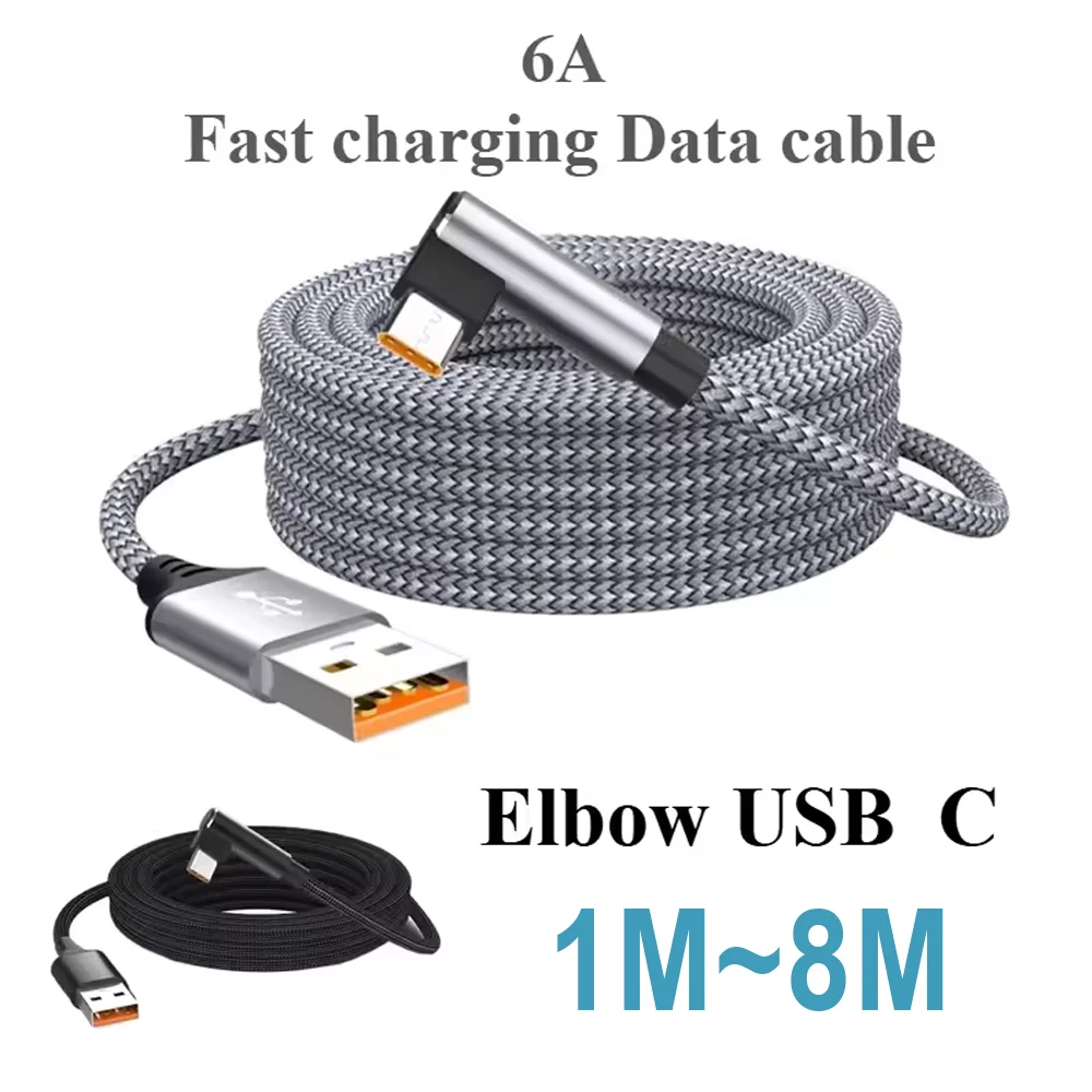 Cable USB C de 1/1, 5/2/3/5/8M, 6A tipo C, datos de codo, Cable de carga de carga rápida de 480Mbps para Cables USB tipo C de carga rápida Universal