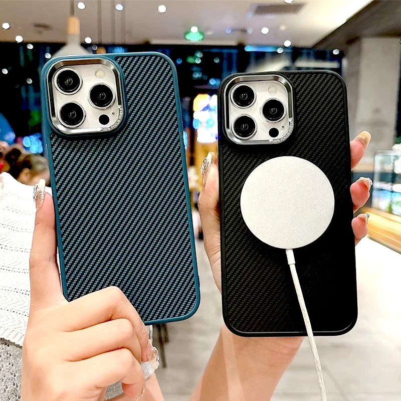 Funda de fibra de carbono segura Mag de lujo para iPhone 16 15 14 13 12 11 Pro Max Plus 16Pro 15Pro 14Pro para cubiertas de carga inalámbrica Magsafe - imagen 3