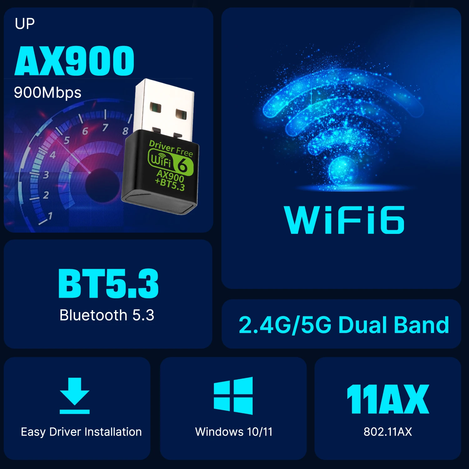 FENVI 900Mbps WiFI 6 adaptador USB Bluetooth 5,3 tarjeta de red inalámbrica controlador de doble banda Dongle USB gratuito Wifi6 para PC Win 10 11 - imagen 2