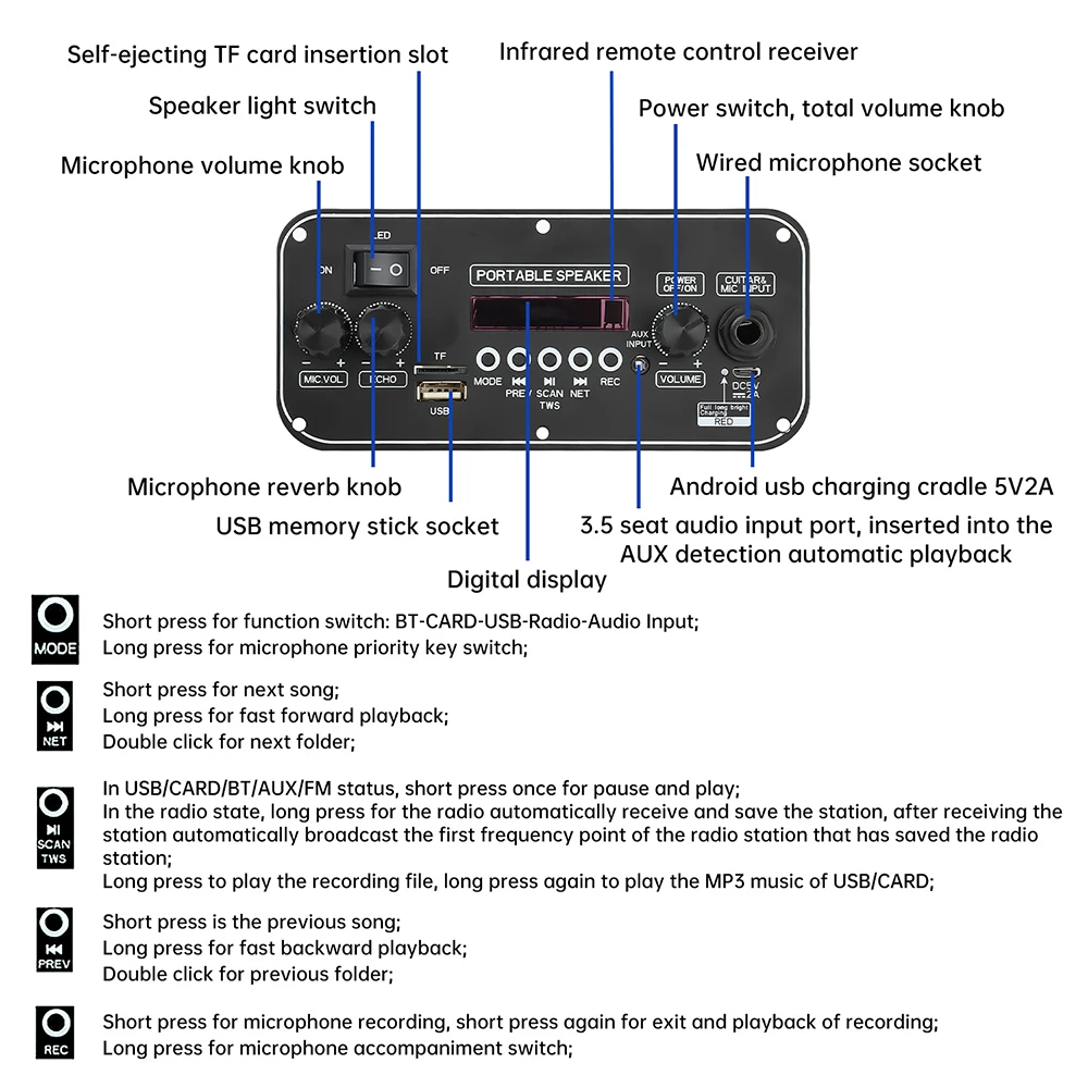 Placa de decodificadora DC 3,7-5V MP3 BT 2*10W con amplificador de potencia MP3/WMA/WAV/FLAC/APE con función de micrófono D152BT - imagen 5