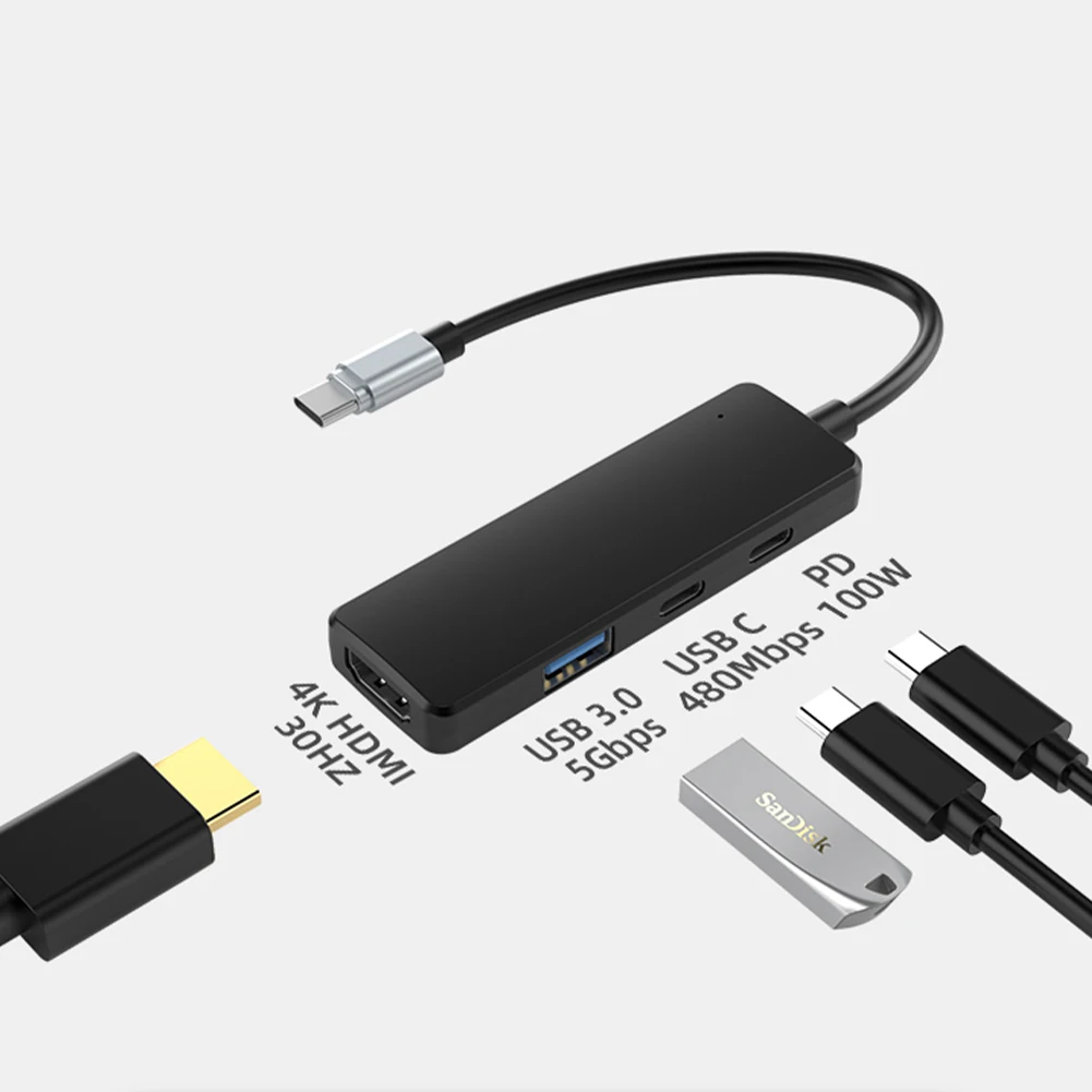 HUB USB 3,0 2,0 con 4 puertos tipo C, adaptador multipuerto Compatible con HDMI, 4K, PD, 100W, para MacBook Pro Air - imagen 5