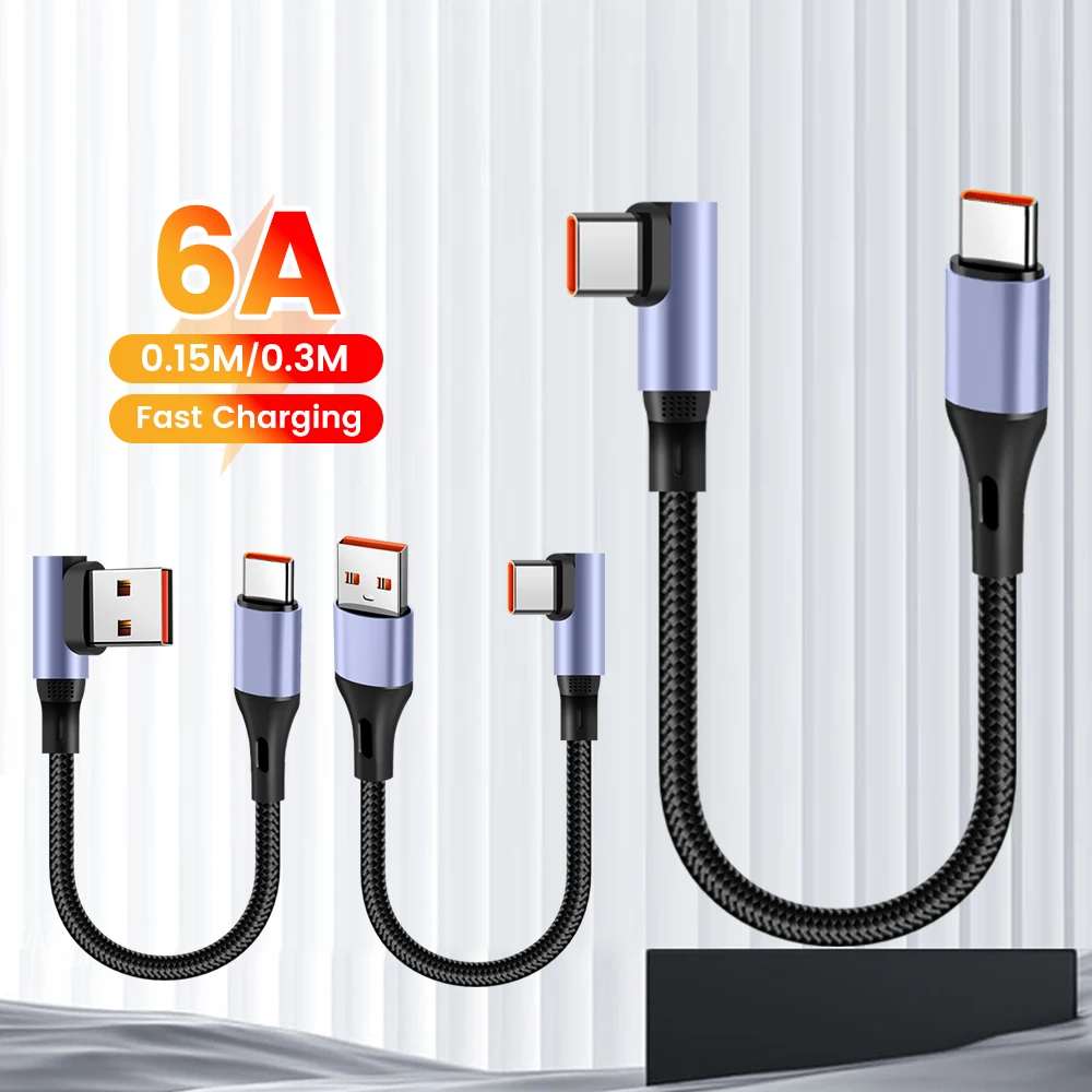 PD 66W 6A 90 °   Codo USB A a tipo C cable de datos corto de carga rápida cable de banco de energía portátil adecuado para iPhone15 16 Samsung