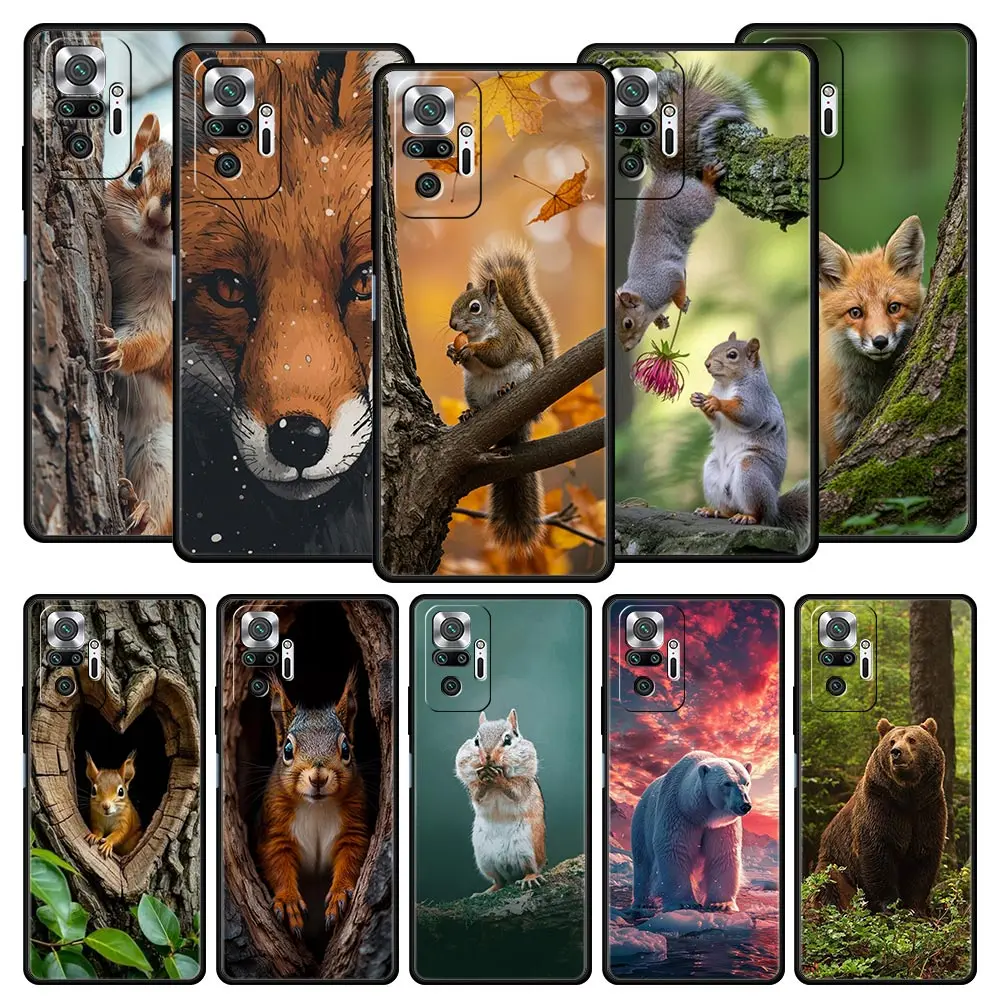Funda de teléfono con dibujos de animales, oso, zorro, ardilla, para Xiaomi Redmi Note 14, 13, 12, 5G, 11, 10 Pro Plus, 4G, 9S, 14C, 13C, 12C, 10C, 9C, 9A