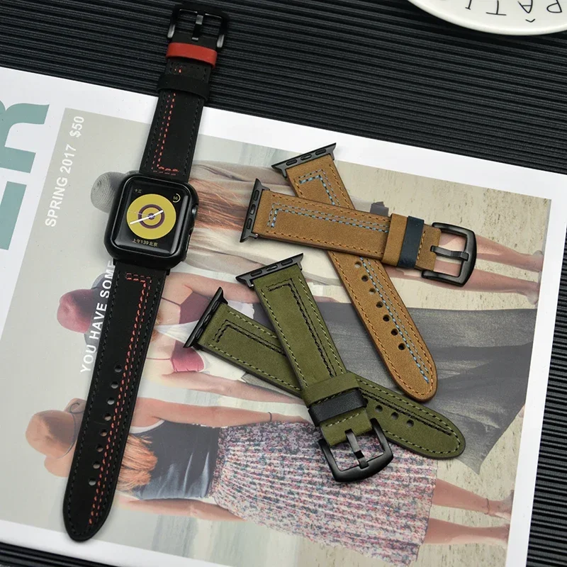 Correa de cuero genuino para Apple watch Ultra 2 band 44mm 45mm 49mm 40mm 38/42mm 41mm pulsera iWatch serie 9 8 7 3 4 5 6 se - imagen 2