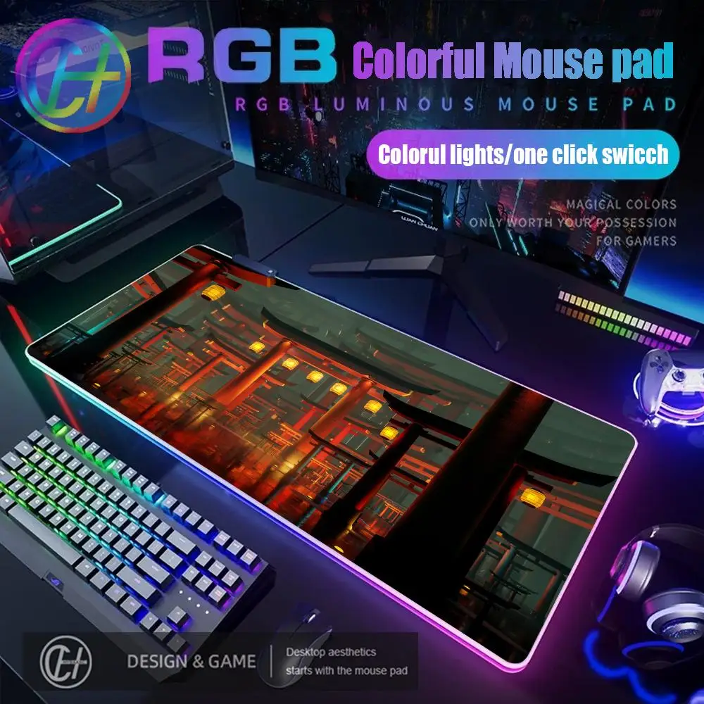 Alfombrilla de ratón Torii Gate RGB para juegos, alfombrilla de ratón con paisaje japonés, alfombrilla de escritorio HD para Gamer, alfombrillas de ratón XXL con luz LED grande, alfombra para ordenador y PC