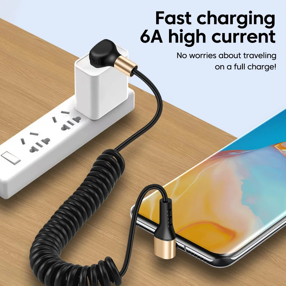 Cable de datos de resorte retráctil de 1M, Cable USB tipo C 6A, Cable de datos de codo de 90 grados de carga rápida para iPhone16 15, Cable USB C Samsung - imagen 2