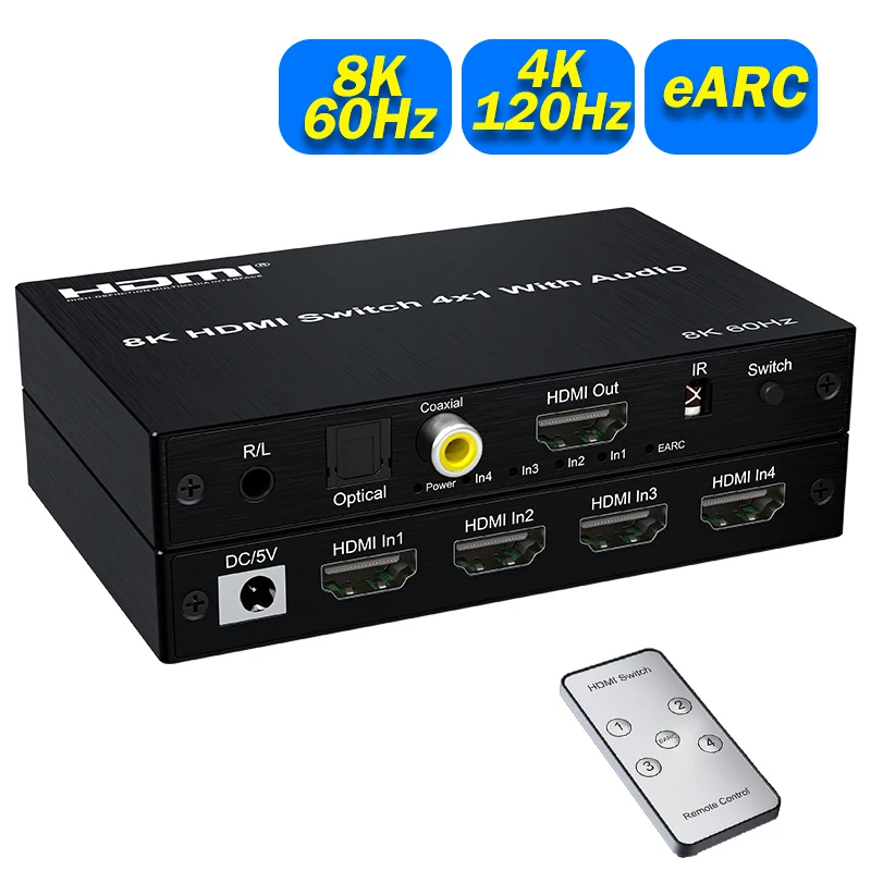 Conmutador HDMI 8K 60Hz 4 en 1 salida con Extractor de Audio eARC Conmutador HDMI 4K 120Hz a ARC SPDIF + Coaxial + salida de Audio de 3,5mm 48Gbps HDR
