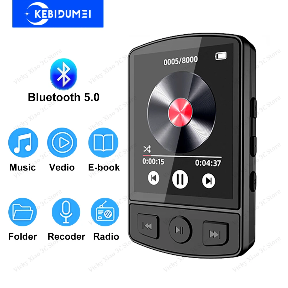 Reproductor de MP3 Bluetooth 5,0, reproductor MP4 inalámbrico, altavoz incorporado, reproductor de música estéreo portátil, compatible con Radio FM, grabación de libros electrónicos