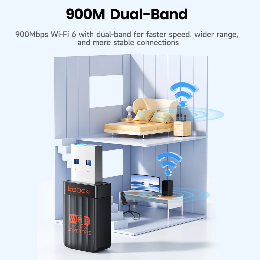 Toocki AX900 adaptador Wi-Fi Bluetooth 5,4 WiFi6 5GHz y 2,4 GHz controlador Dongle WiFi de doble banda receptor gratuito de 600M para ordenador portátil WIN 10/11 - imagen 5