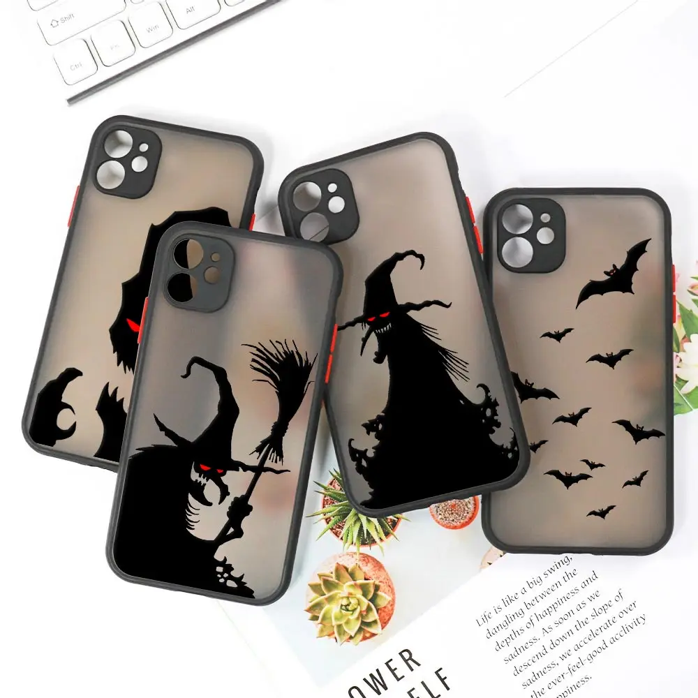 Funda de teléfono negra con diseño de murciélago de bruja para iPhone, carcasa mate transparente para iPhone 16, 15, 11, 13, 14, 12 Pro Max, Mini, XS, XR, 16 Pro, 7, 8 Plus - imagen 2