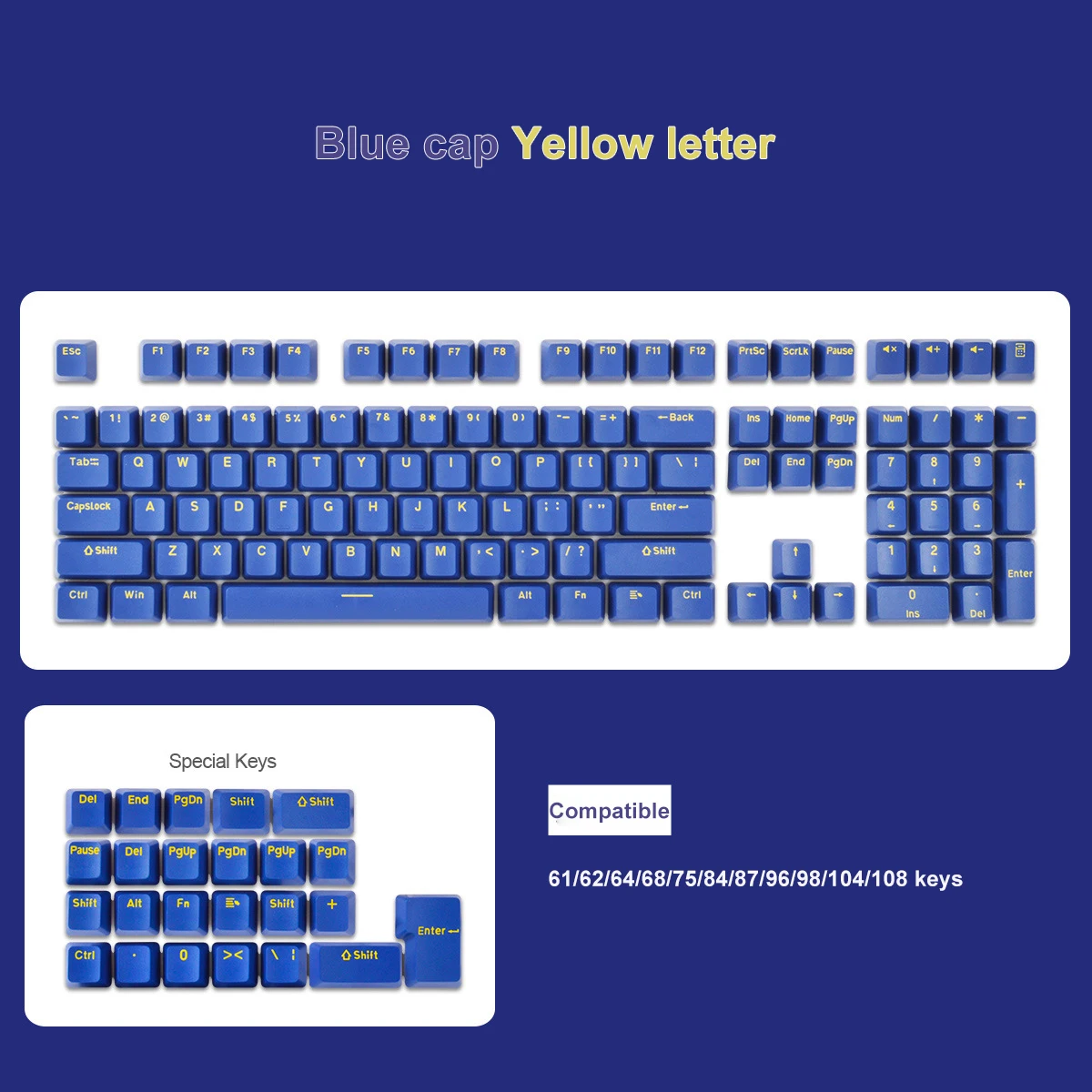 Teclas PBT blancas y azules para teclado mecánico, juego completo de teclas de perfil OEM con 61, 62, 64, 68, 75, 84, 87, 96, 98, 104/108 teclas