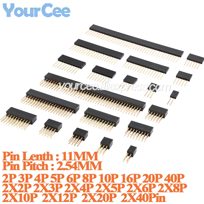 10 uds/5 uds 2,54mm conector hembra simple/doble 11MM de longitud Pin 40P 20P 16P 10P 8P 6P 5P 4P 3P 2P Base de aguja recta