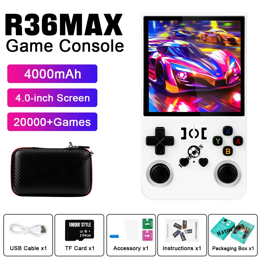 Reproductores de juegos Retro de código abierto R36Max, pantalla IPS de 4,0 pulgadas, sistema Linux, consolas de videojuegos portátiles de bolsillo, 64GB/128GB
